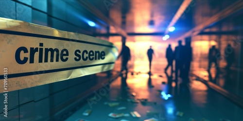 crime scene tape with blurred forensic law enforcement background in cinematic tone and copy space photo