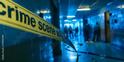 crime scene tape with blurred forensic law enforcement background in cinematic tone and copy space