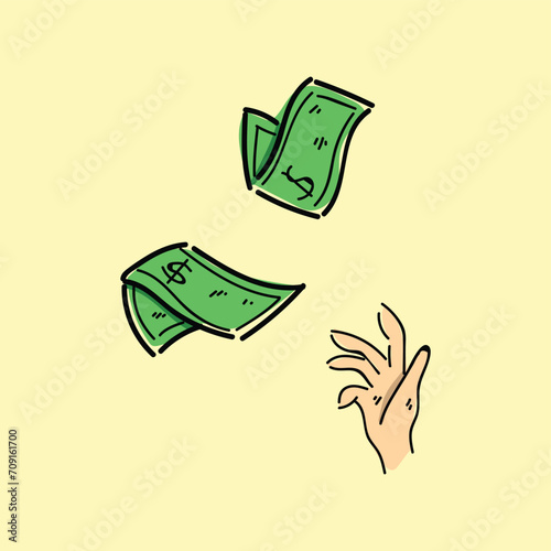 Problems with finances and no money concept. Young stressed man cartoon trying to catch money flying out of pocket vector illustration
