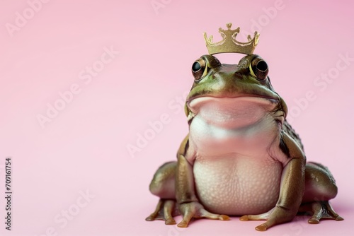 Green frog with the golden crown on the pastel background. 29 february leap year day concept