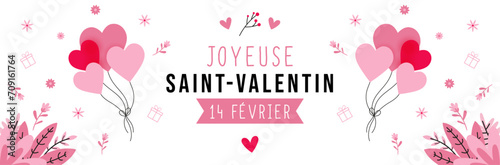 Bannière décorative pour la Saint-Valentin - Textes et illustrations vectoriels pour célébrer les amoureux - Célébration du 14 Février - Ballons de cœurs, éléments végétaux roses et beiges - Amour 