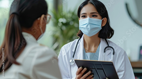 Portrait of Asian woman doctor wear protection face mask showing a patient some information on digital tablet clip board, patient listen to specialist doctor in clinic office, medical protect banner