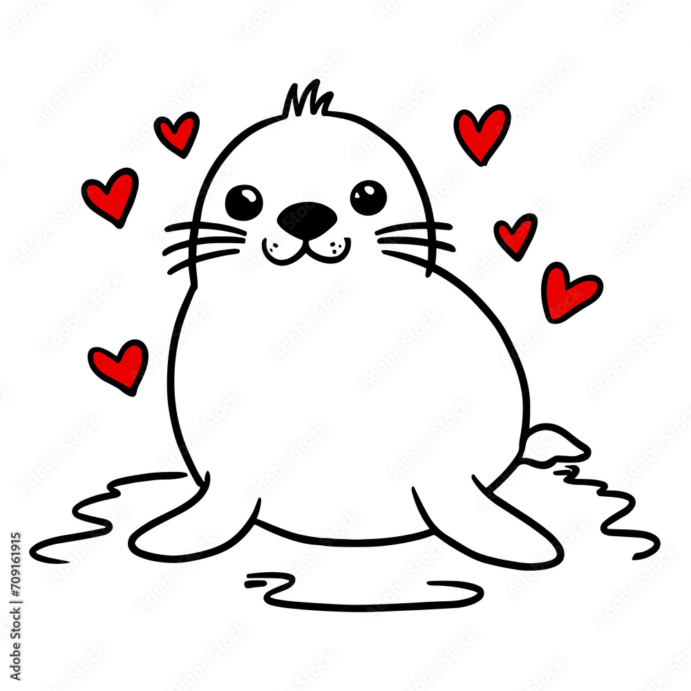 a lovely seal, a graphic for lovers, white, black and red a lovely seal, a graphic for lovers, white, black and red