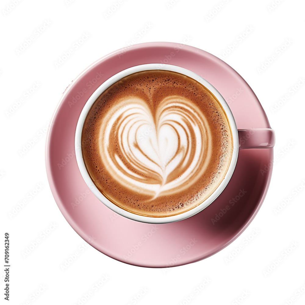 Hot coffee latte with heart shaped latte art milk foam in pink cup isolated on white or transparent background Hot coffee latte with heart shaped latte art milk foam in pink cup isolated on white or transparent background