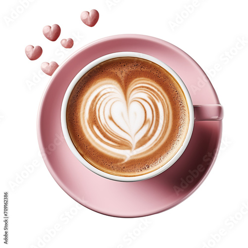 Hot coffee latte with heart shaped latte art milk foam in pink cup isolated on white or transparent background