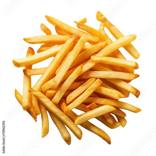 Pile of French fries flying isolated on transparent or white background, top view