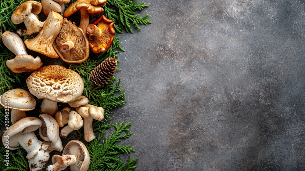 Fototapeta premium Varieties of edible mushrooms background on the table. Top view, empty space, copy space. 
