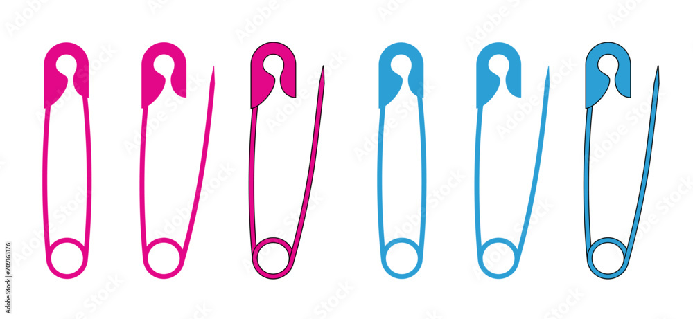New Born. Cartoon boy girl or blue, pink baby pin. Safety pin. Opened and closed pins. pierced and clipping path sign. Vector safetypin icon. Open and close safety pins. - obrazy, fototapety, plakaty 