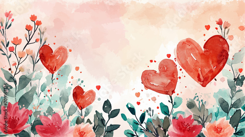 alentine's Day watercolor background with hearts and flowers.