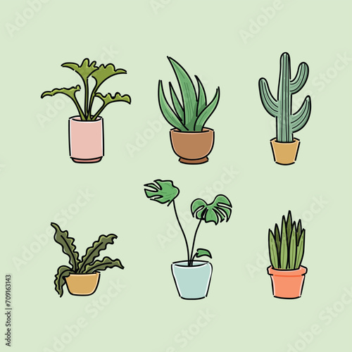 Home plants in flowerpot. Houseplants isolated. Trendy hugge style, urban jungle decor. Hand drawn. Set collection. Green, blue, pink, brown, beige pastel colors. Print, poster, banner. Logo, label.