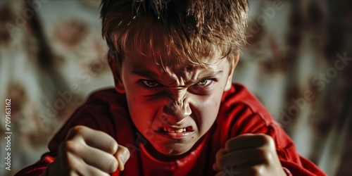 Stop bullying . Scary young man with blood on his face in a dark room photo