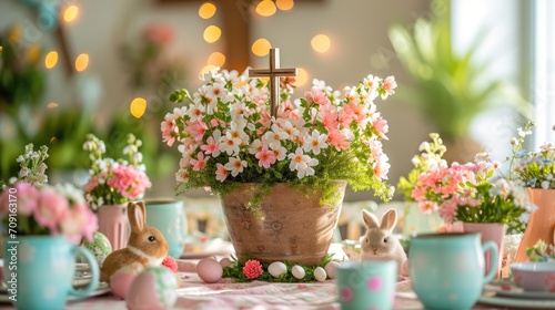 An enchanting Easter table adorned with a DIY Resurrection Garden centerpiece, complete with crosses and surrounded by delicate spring flowers.