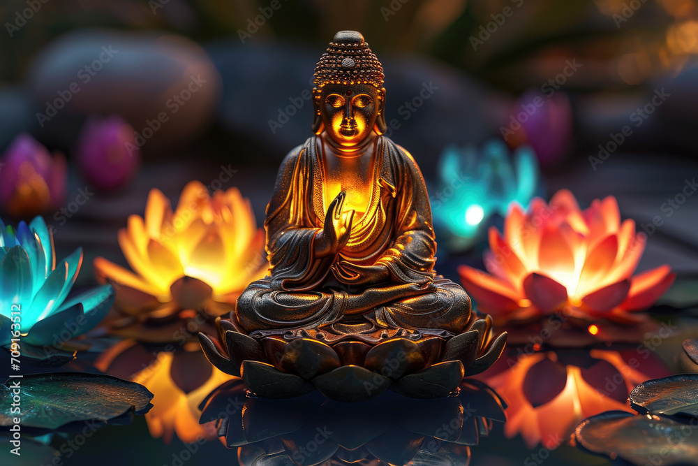 glowing golden buddha and 3d multicolored lotus flowers three-dimensional
