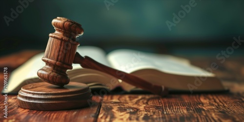 Law and justice concept. Gavel, books and scales of justice on wooden table. photo