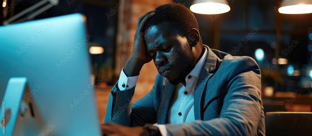 Exhausted African entrepreneur feeling overwhelmed and regretful due to work-related stress and mistakes made while working late at night in the office. Exhausted African entrepreneur feeling overwhelmed and regretful due to work-related stress and mistakes made while working late at night in the office.