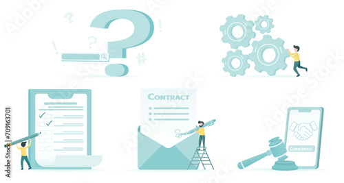 Business ideas collection set. Signing signature, contract agreement, making deal, checklist, plans, reminder and search. Flat vector design illustration.