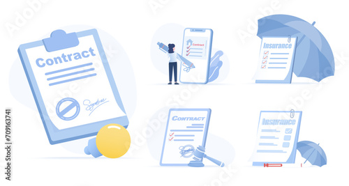 Business contract collection set. Agreement and signing signature, legally binding documents, house contracts, terms, conditions, checklist, policy list. Flat vector design illustration. photo