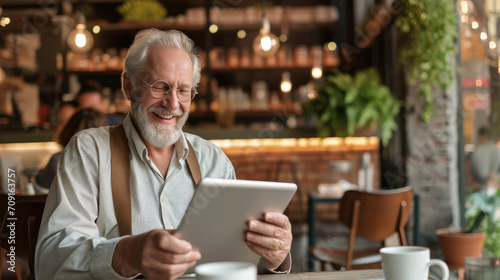 Smiling mature man using tablet pc in cafe