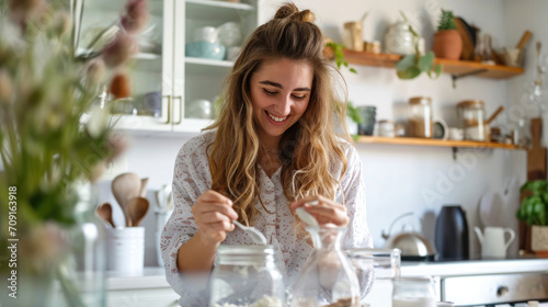 Smiling young woman taking spoon of soda lye from glass jar when making fragrant soap at home photo