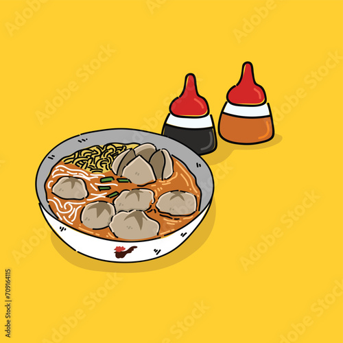 Meat ball or bakso with sambal and soy sauce vector and noodle vector illustration design
