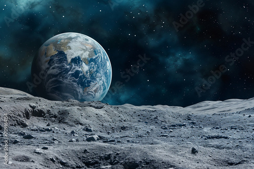 달에서 바라보는 지구의 모습이 담긴 우주 공간 