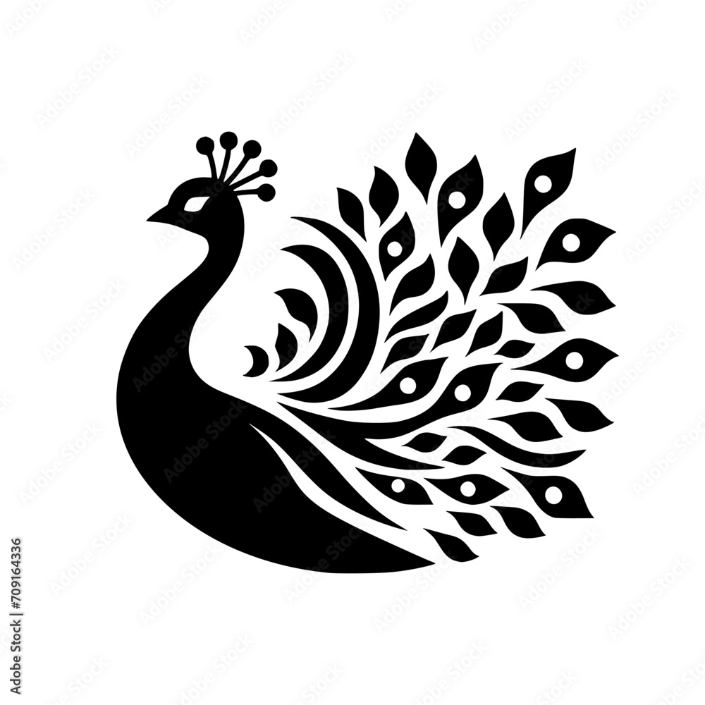Fototapeta premium Black and white professional logo of a peacock. Silhouette illustration of a peacock. vector logo for emblem, watermark, tattoo.