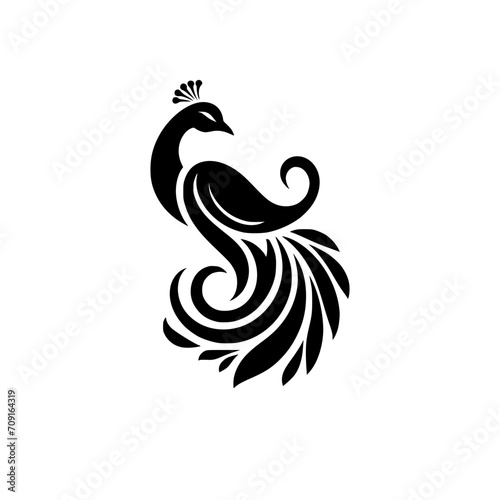 Black and white professional logo of a peacock. Silhouette illustration of a peacock. vector logo for emblem, watermark, tattoo.