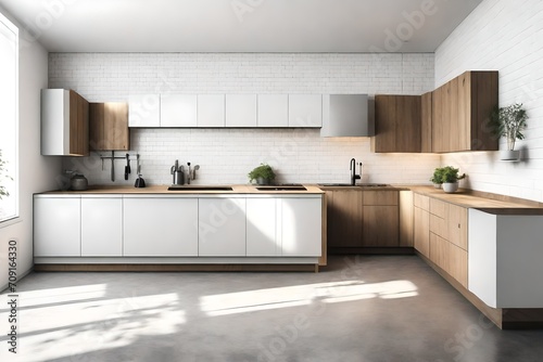 Corner of modern kitchen with white walls, concrete floor and cupboards 3d rendering