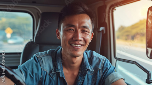 The Asian truck driver smiled happily inside the front of the truck. He is the owner of a shipping business that starts a new business and is growing.