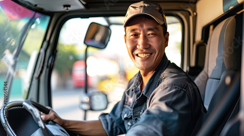 The Asian truck driver smiled happily inside the front of the truck. He is the owner of a shipping business that starts a new business and is growing.