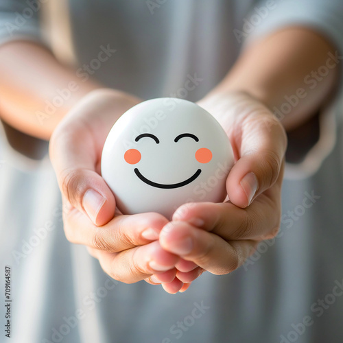 hands holding happy smile face for medical concept, mental healt positive thingking photo