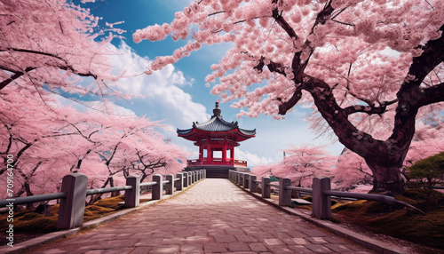The serene ambiance of a traditional Japanese pagoda enveloped by cherry trees in their glorious spring bloom