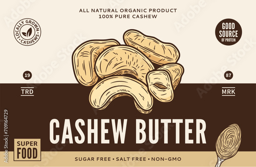 Vector cashew butter label or packaging design template. Vector cashew nuts illustration