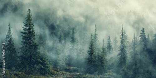 Mystical Forest Fog: Textured Organic Landscape and Atmospheric Mountain Vista photo