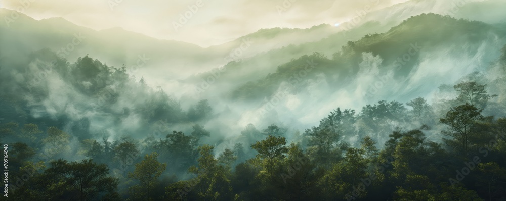 Misty Forest Serenity: Textured Landscape Painting with Enigmatic Trees and Mountainous Vistas