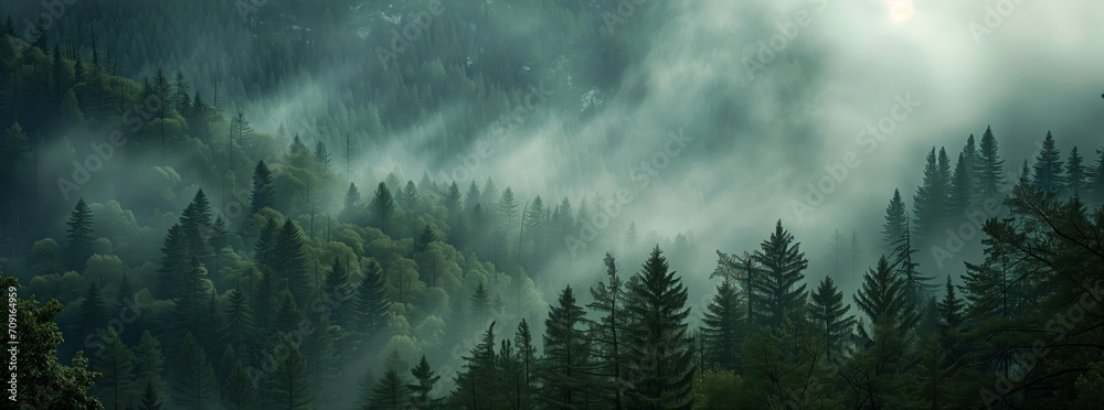Mystic Forest Fog: Textured Organic Landscape and Atmospheric Mountain Vista Paintings - obrazy, fototapety, plakaty 