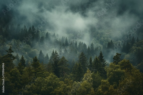 Mystical Forest Fog: Textured Organic Landscape and Atmospheric Mountain Vistas © Vasilya