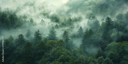 Misty Enchantment  Textured Forest Landscape and Ethereal Mountain Vistas