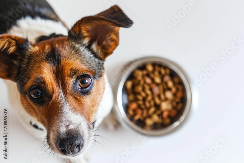 Close-up of a curious mixed-breed terrier looking up with a bowl of dog food in the background on a white surface..