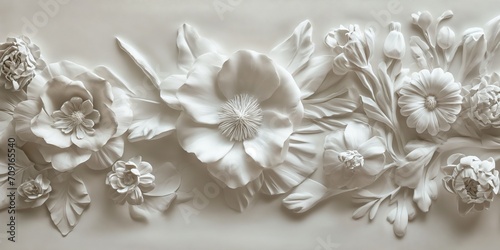 Exquisite 3D Sculpted Floral Wall Art in White Cement - Hyper-Realistic Plant Detail Design
