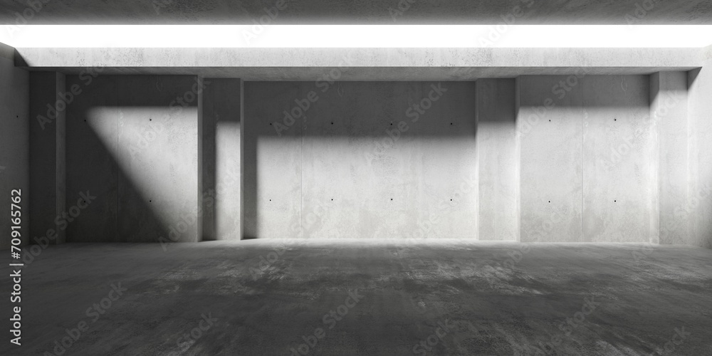 Fototapeta premium Abstract empty, modern concrete room with recess or niche, ceiling opening and rough floor - industrial interior background template