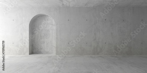 Fototapeta Naklejka Na Ścianę i Meble -  Abstract empty, modern concrete room with rounded recess or niche in the back wall and rough floor - industrial interior background template