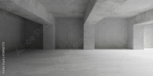 Fototapete Abstract empty, modern concrete room with row of beams and pillars and rough flo