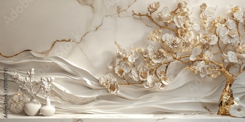 Elegant White and Gold Ceramic Tile Wallpaper Design