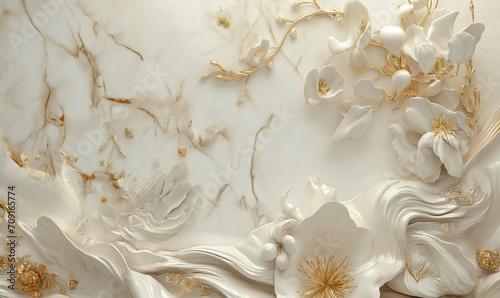 Elegant White and Gold Ceramic Tile Pattern Wallpaper Art © Vasilya