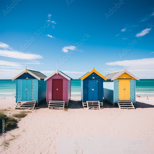 A row of colorful beach huts against a clear blue sky. © Cao