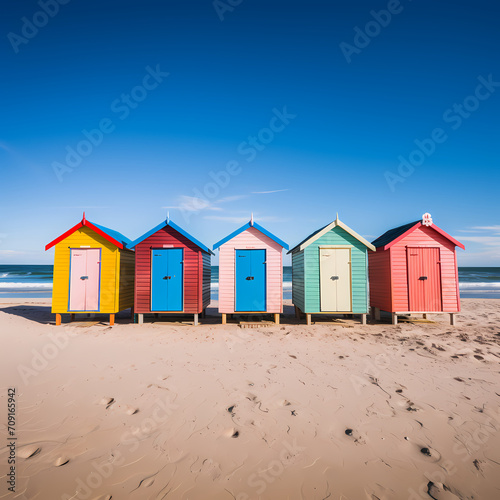 A row of colorful beach huts against a clear blue sky. © Cao