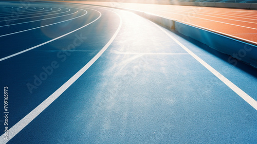 aerial view photography of a a blue running track with the sun reflecting on it created with Generative Ai © Andrii Yablonskyi
