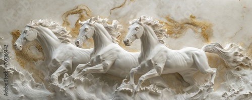 Elegant Equine Artistry: White and Gold Horse Illustration with a Sculptural Aesthetic - Wallpaper Design