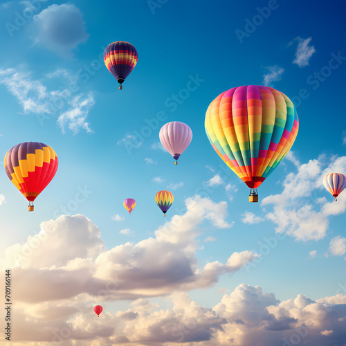 A row of colorful hot air balloons in the sky